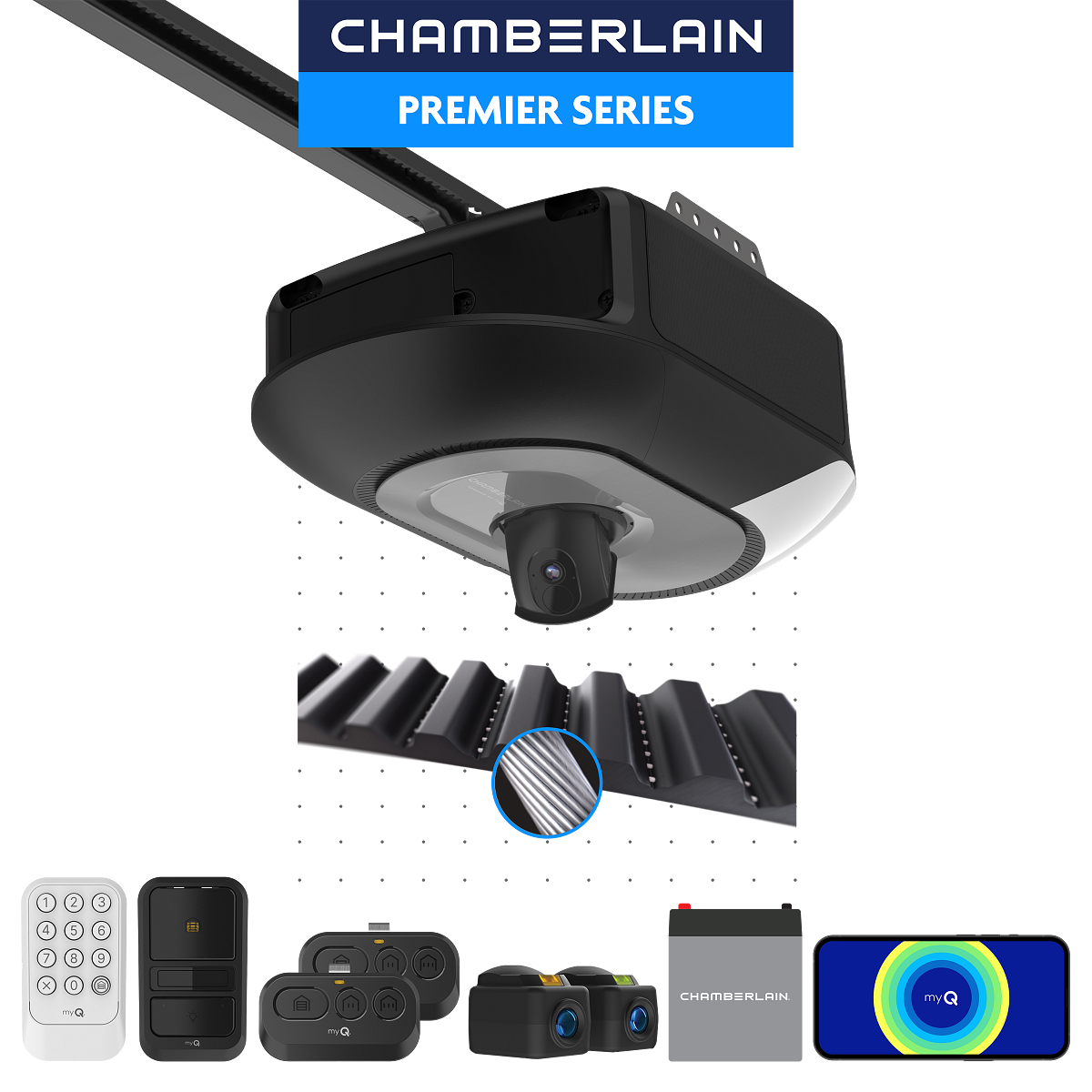 smart garage door opener Chamberlain B6650 — 1-1/4 HP belt drive with battery backup, camera and myQ
