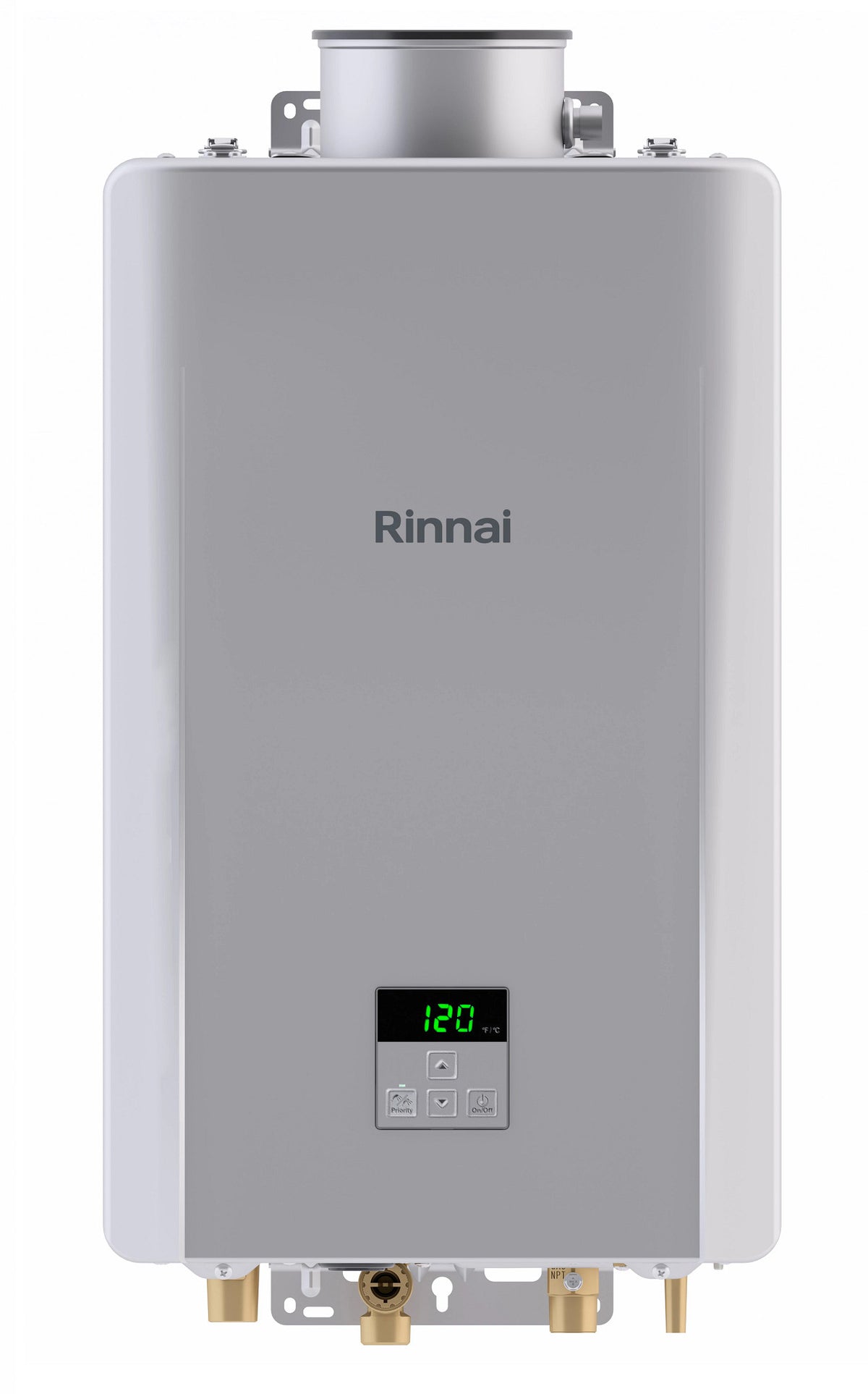propane tankless water heater Rinnai RE180iP — 8.5 GPM, 180,000 BTU, indoor liquid propane, non-condensing, 120V