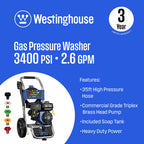 gas pressure washer Westinghouse WPX3400 — 212cc axial-cam