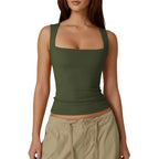 Women's lace up slim fit sleeveless tank top in Army Green front view