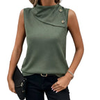 Women's asymmetrical cowl neck sleeveless tank top in Army Green front view
