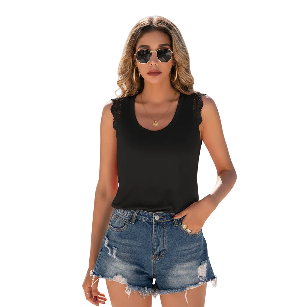 Side view of women's loose fit crew neck sleeveless top in Rust Orange