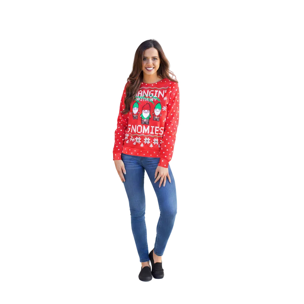 Women's festive long sleeve sweater in Red back view