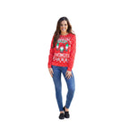 Women's festive long sleeve sweater in Red back view