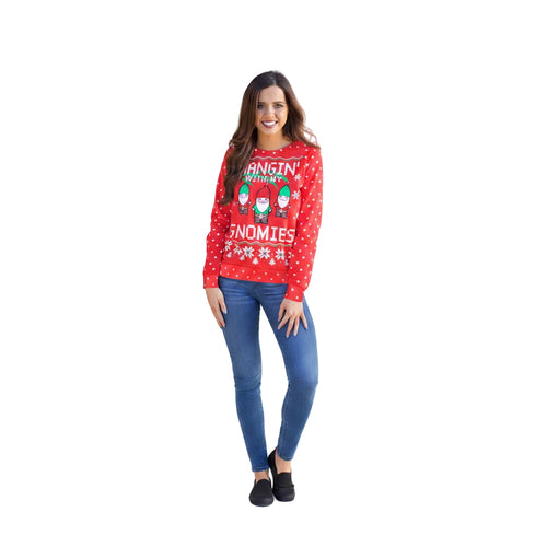 Women's festive long sleeve sweater in Red back view