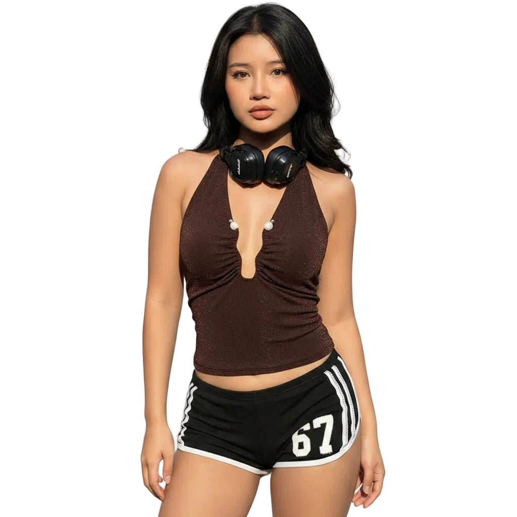 Close-up of lace-up halter neck detail on Dusty Pink tank top