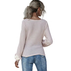 Close-up of V neck and puff sleeve detail on Dusty Rose women's T shirt