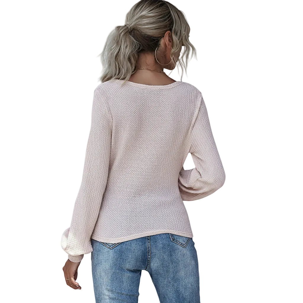 Close-up of V neck and puff sleeve detail on Dusty Rose women's T shirt
