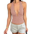 Women's slim fit halter neck tank top in Dusty Pink back view