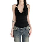 Women's slim fit halter neck tank top in Black front view