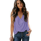 Women's loose fit V neck chiffon tank top in Black front view