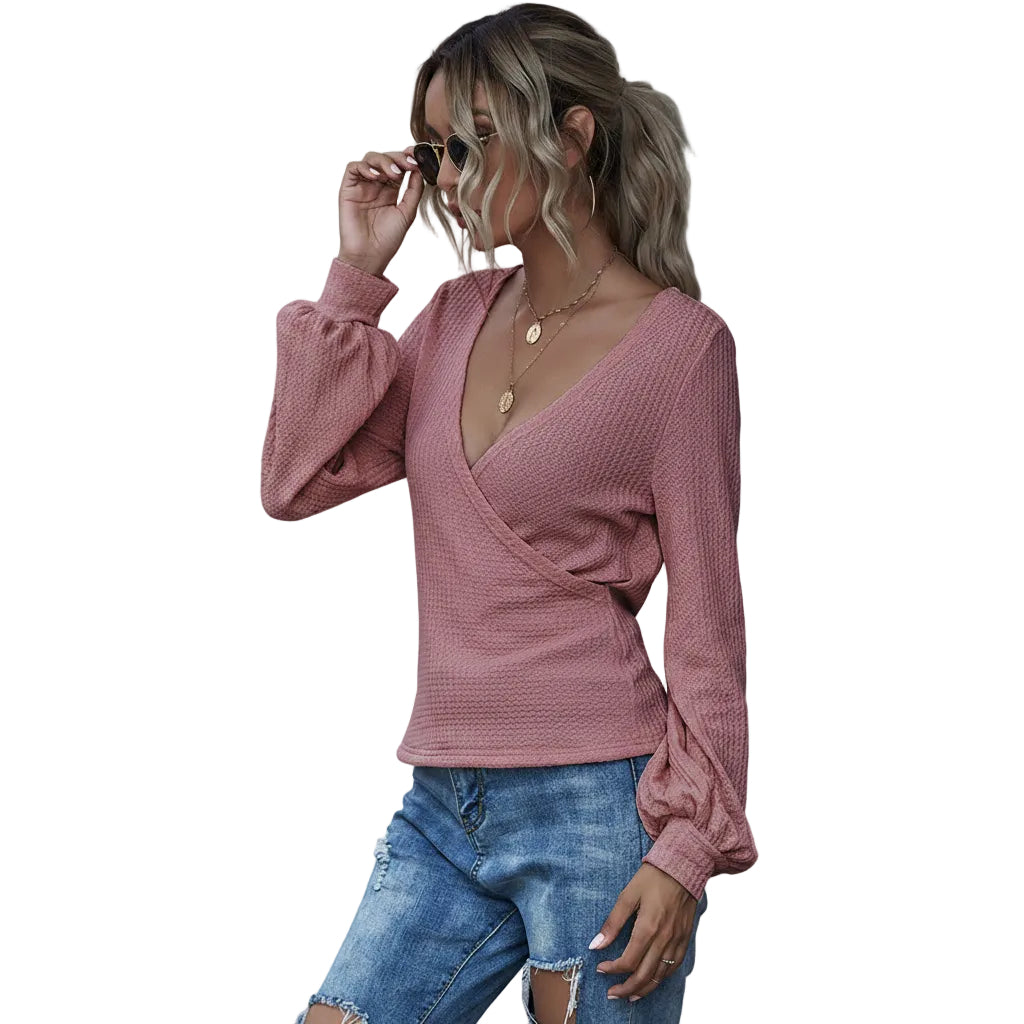 Women's long sleeve V neck T shirt in Dusty Rose back view