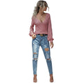 Women's V neck puff sleeve slim fit long sleeve T shirt in Dusty Rose front view